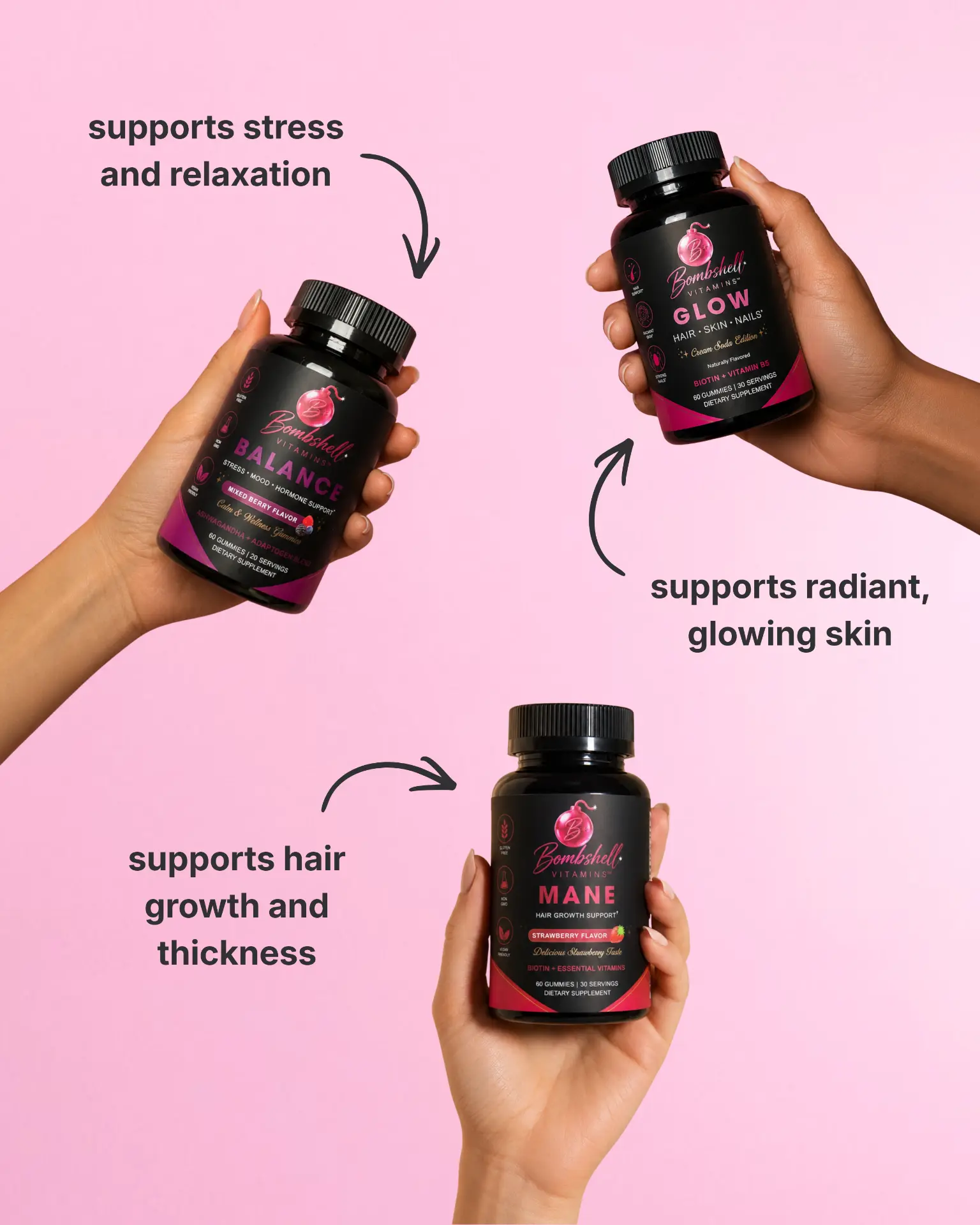 Three hands each holding a Bombshell bottle — Balance, Glow and Mane — against a pink background